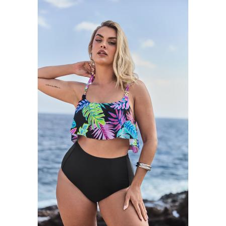 Yours Bikinitop Met Ruches En Bladerprint In Zwart/Roze Size 56