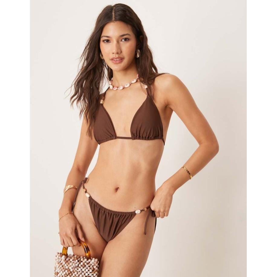 Abercrombie & Fitch Zwemmen Bikinibroekje met gestrikte zijkant en kralen in bruin, deel van co-ord set Bruin
