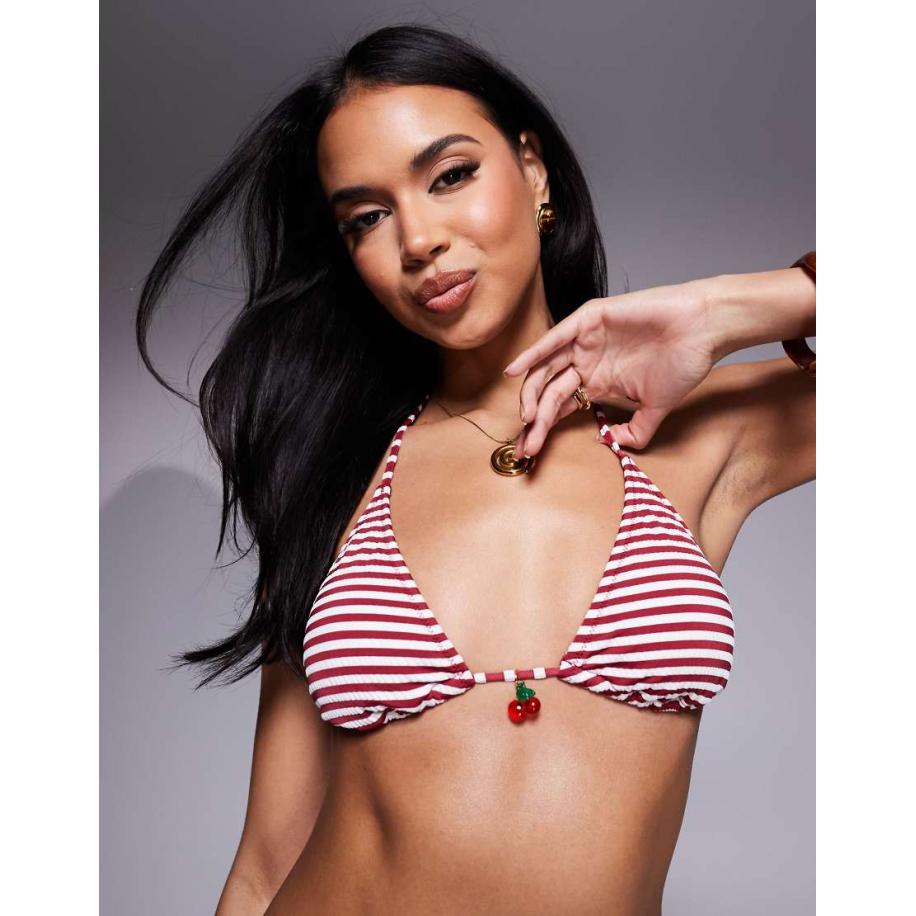 Candypants Gestreept triangel bikinitopje van kreukelstof met kersen in rood en wit-Veelkleurig Multicolor