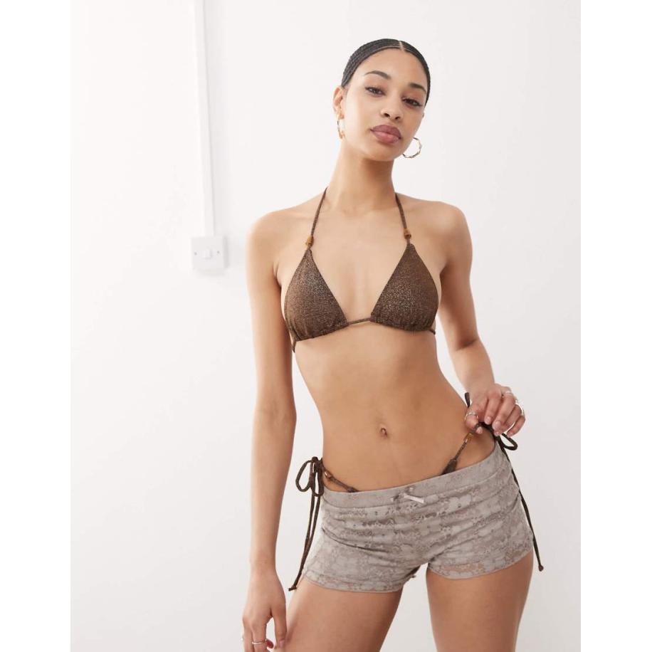 Motel Pami Glinsterend bikinitopje met kraaldetail in bruin Bruin