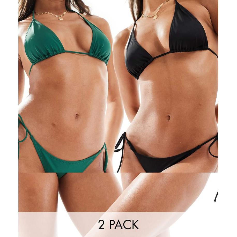 Weekday River Set van 2 bikinibroekjes met gestrikte zijkanten in zwart en groen, exclusief bij ASOS Zwart