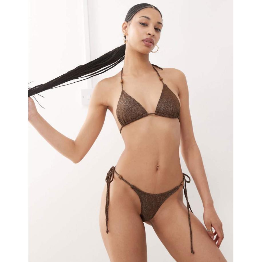 Motel Lentra Glinsterend bikinibroekje met gestrikte zijkant in bruin Bruin