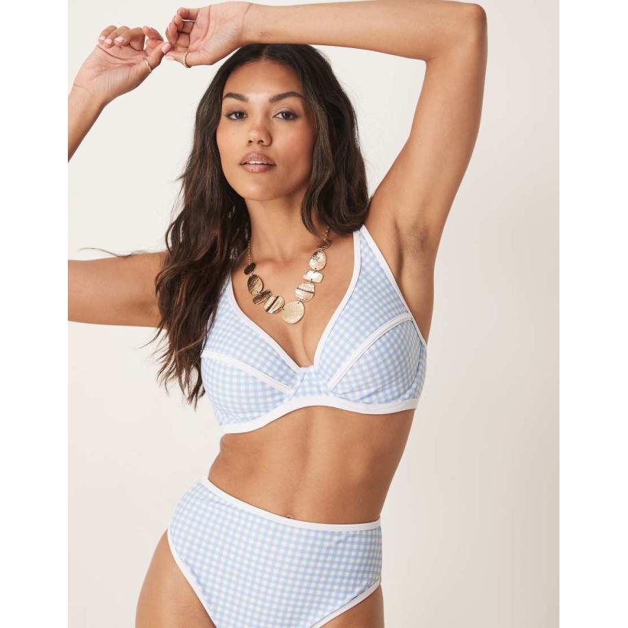 Peek & Beau Bikinitopje met beugel en contrasterende biezen in blauwe gingham ruit Blauw