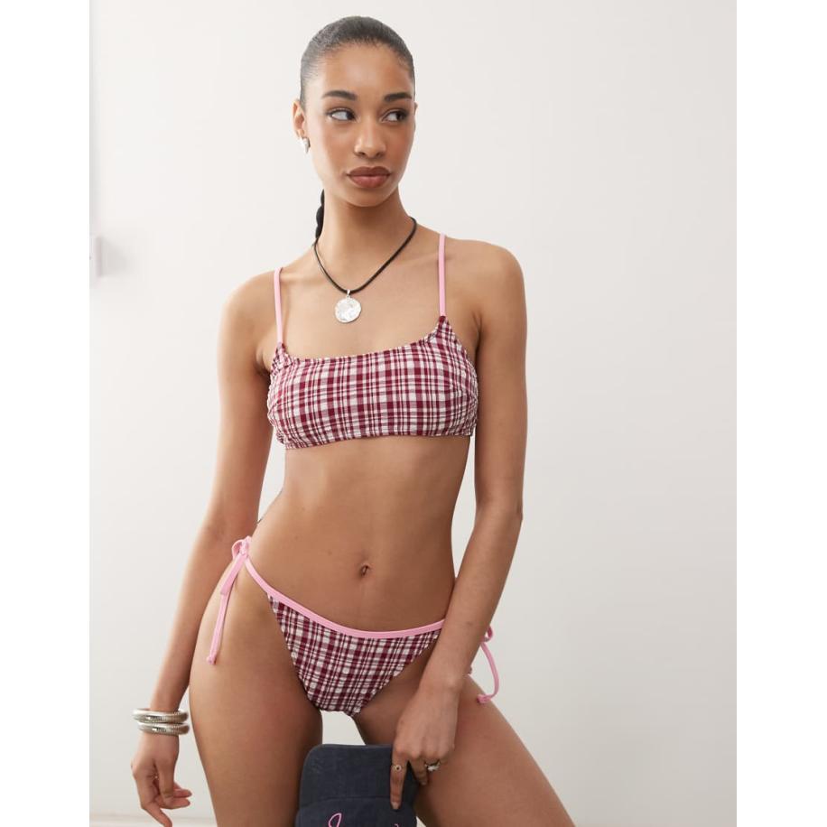 Reclaimed Vintage Bralette-bikinitopje van seersuckerstof met gingham ruit in roze Roze