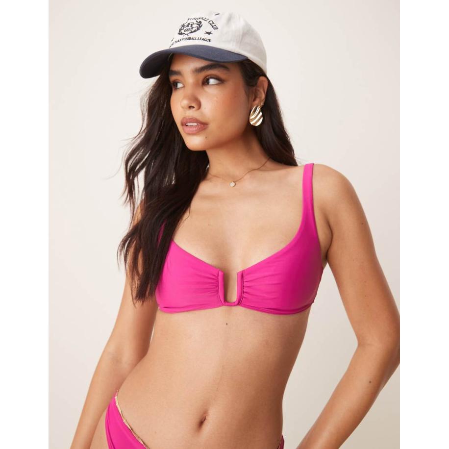 Abercrombie & Fitch Bikinitopje met diepe V-beugel en gestrikte achterkant in framboos, deel van co-ord set-Roze Roze