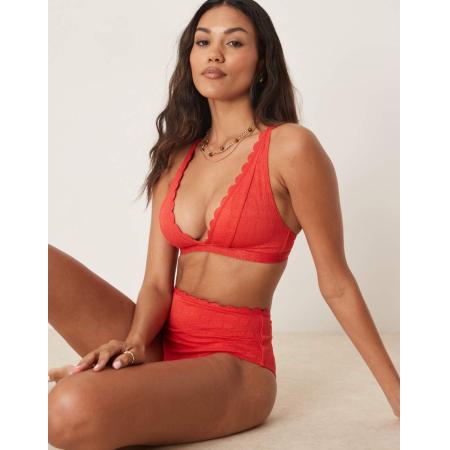 Peek & Beau Diepuitgesneden bikinitopje met broderie en geschulpte rand in rood