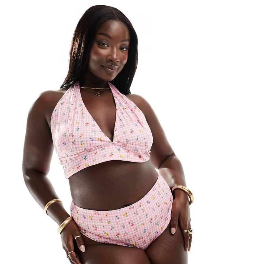 ASOS DESIGN Curve Angie Hoogopgesneden bikinibroekje met hoge taille en gingham ruit en bloemenprint-Roze Roze