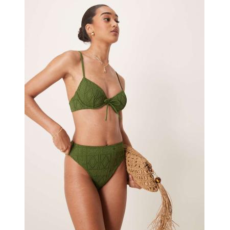 ASOS DESIGN Bertie Hoogopgesneden bikinibroekje met hoge taille en broderie in olijfgroen