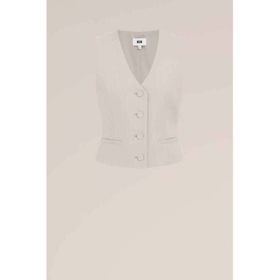 WE Fashion Dames Getailleerd gilet met met krijtstreep - Beige - Maat: 36 Bruin