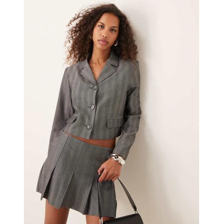 Abercrombie & Fitch Korte gestreepte blazer met visgraatmotief in grijs, deel van co-ord set