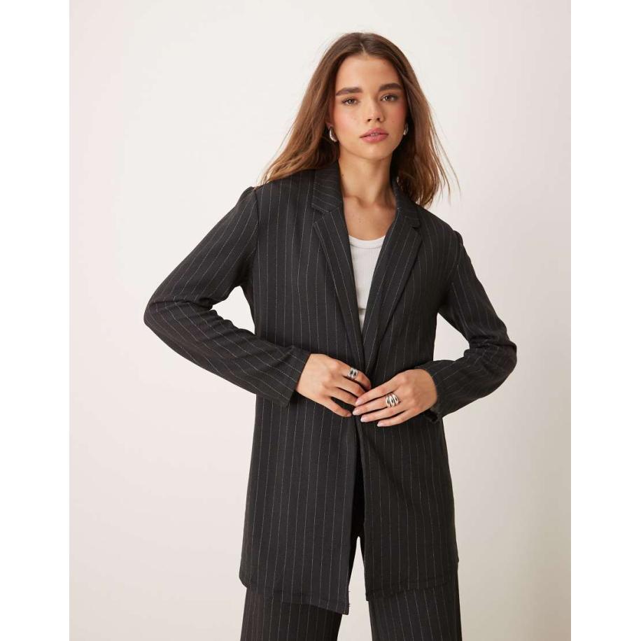 JDY Blazer met lange pasvorm in donkergrijze krijtstreep-Grijs Grijs