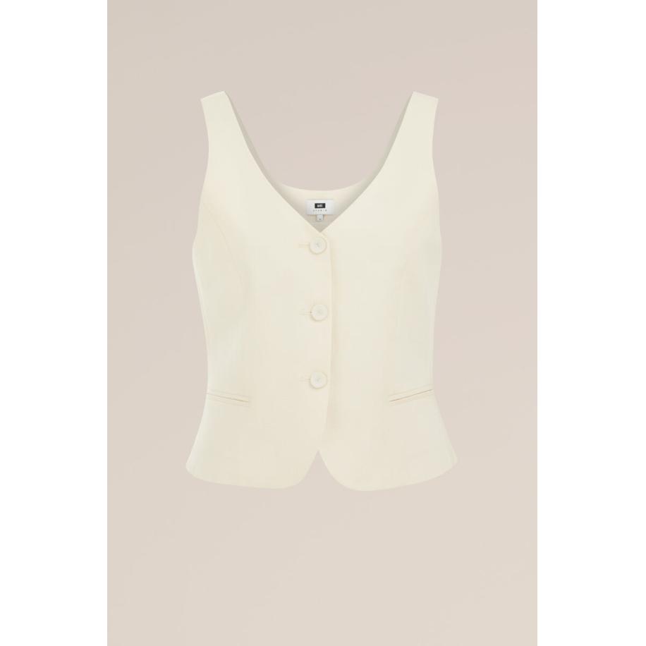WE Studio dames Getailleerd gilet van linnenmix - THE ELEGANT GILET - Ecru - Tencel - Maat: 34 Wit