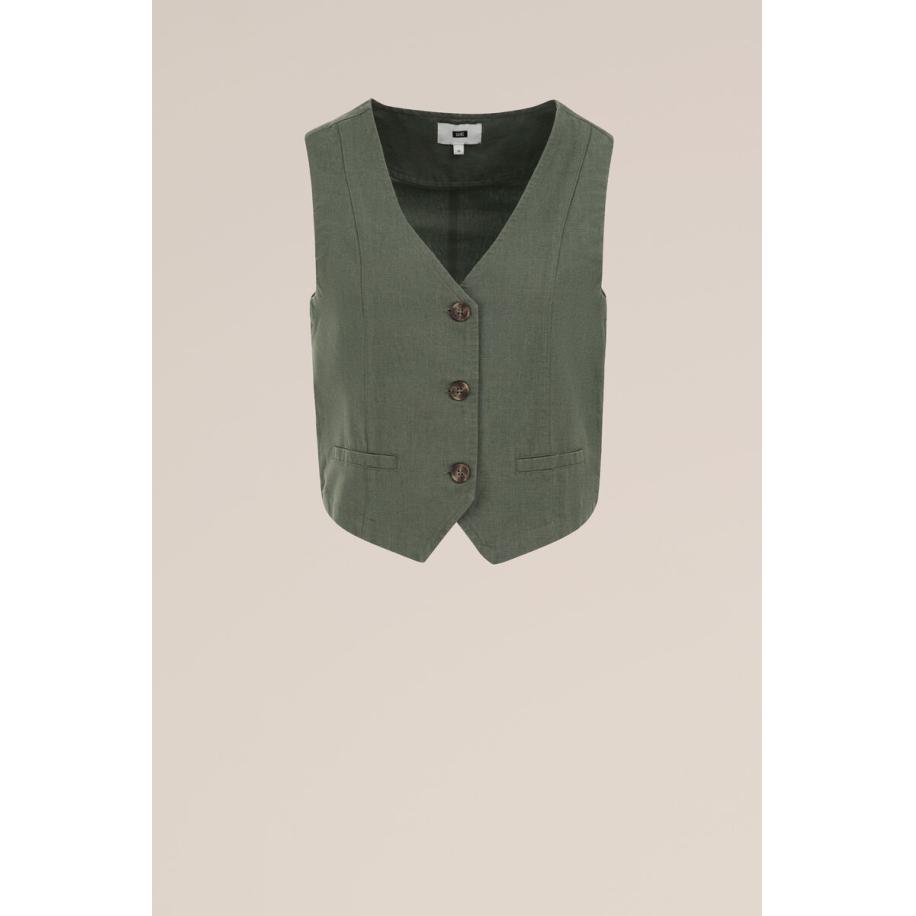 WE Fashion Dames Regular fit gilet van linnenmix - Regular fit - Donkergroen - Linnen - Maat: 34 Groen
