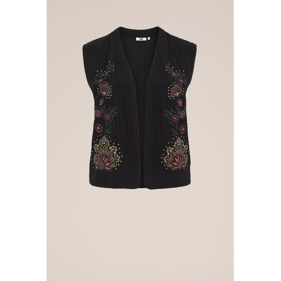 WE Fashion Dames Regular fit gilet met embroideries - Curve - Regular fit - Zwart - Katoen - Plus Size Maat: 44 Zwart