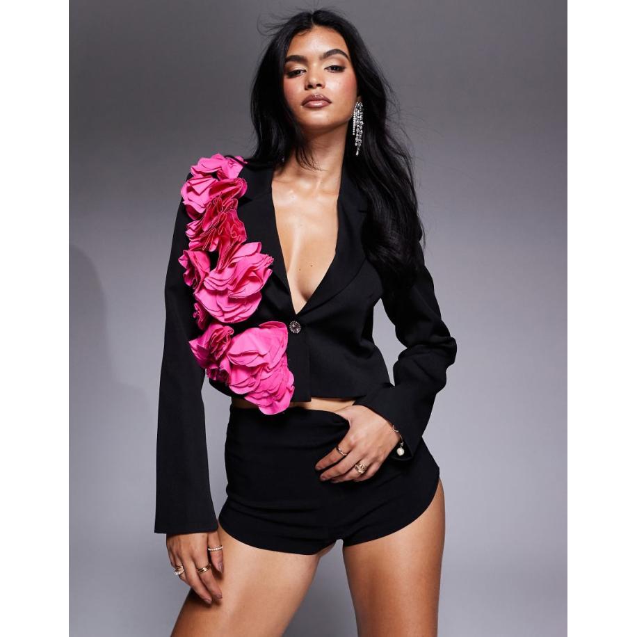 ASOS LUXE Blazer met 3D bloemen in zwart en roze Roze