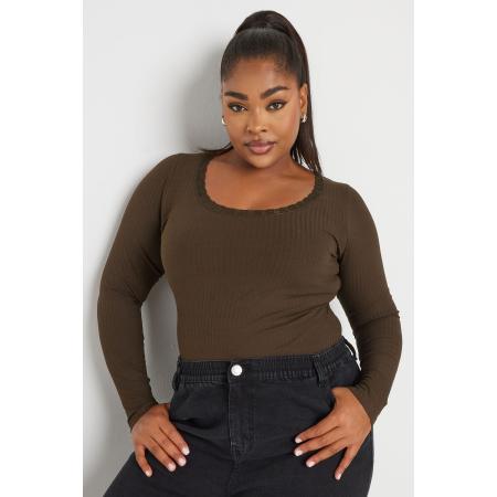 Yours Geribbelde Body Met Kanten Rand In Bruin, Women's Curve & Plus Size, Yours