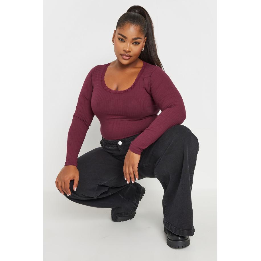 Yours Geribbelde Body Met Kanten Rand In Bordeauxrood Size 58-60 Rood
