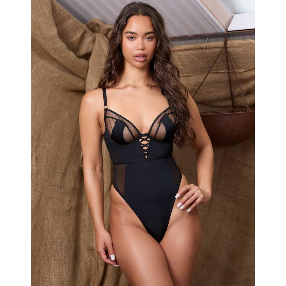 Wolf & Whistle X Michelle Domingos Body met doorschijnend mesh in zwart Zwart