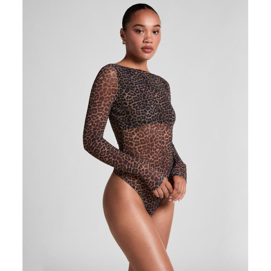 Hunkemöller body met lange mouwen Tara Leopard Zwart Zwart