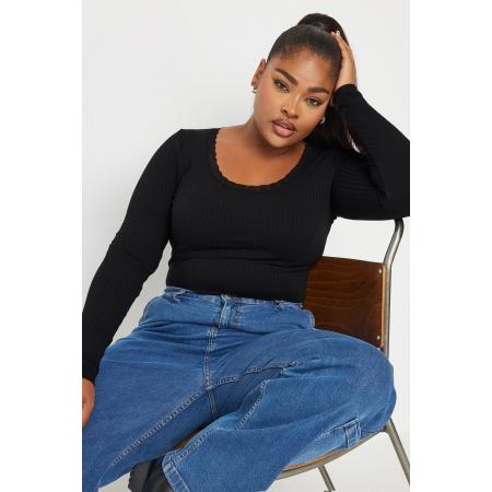 Yours Geribbelde Body Met Kanten Rand In Zwart, Women's Curve & Plus Size, Yours