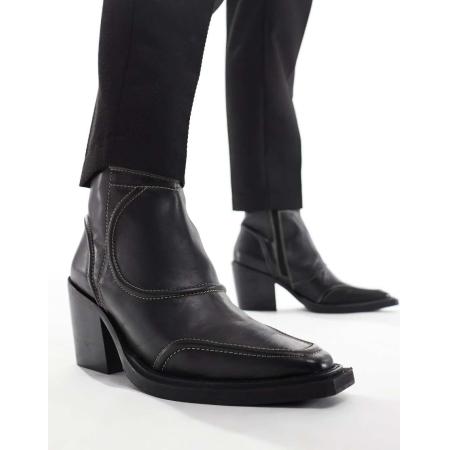 ASOS DESIGN - Leren laarzen met Cubaanse hak in zwart met stiksels