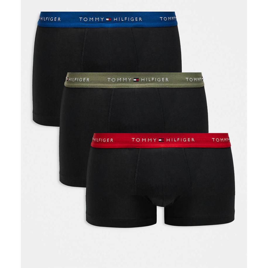 Tommy Hilfiger - Signature Cotton Essentials - Set van 3 boxershorts in zwart met blauwe/rode/groene tailleband Zwart