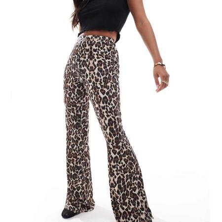 ONLY Petite Geribbelde flare-broek in luipaardprint-Bruin