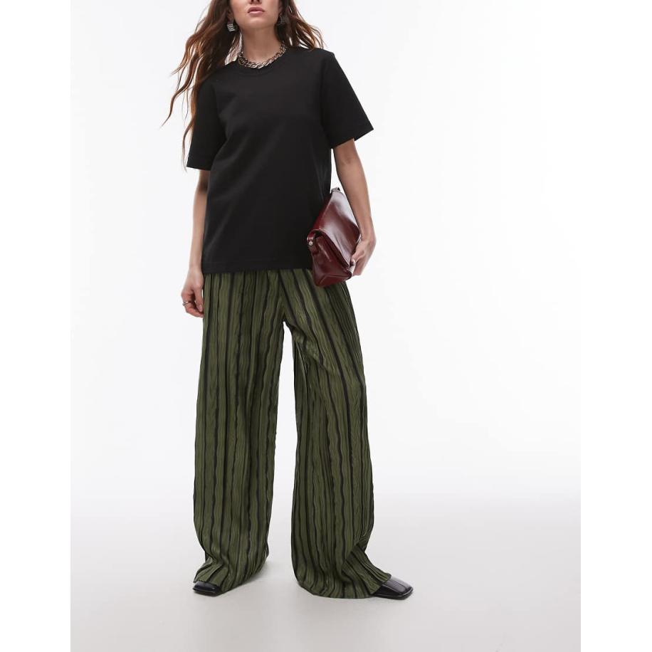 Topshop Plissé broek met strepen en wijde pijpen in groen Groen