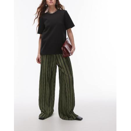 Topshop Plissé broek met strepen en wijde pijpen in groen
