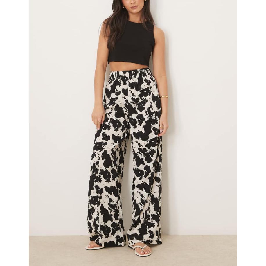 VILA Broek met wijde pijpen, elastische taille en koeienprint-Zwart Zwart