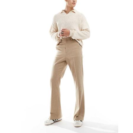 ASOS DESIGN - Nette flared broek van wolmix met hoge taille in stone-Neutraal