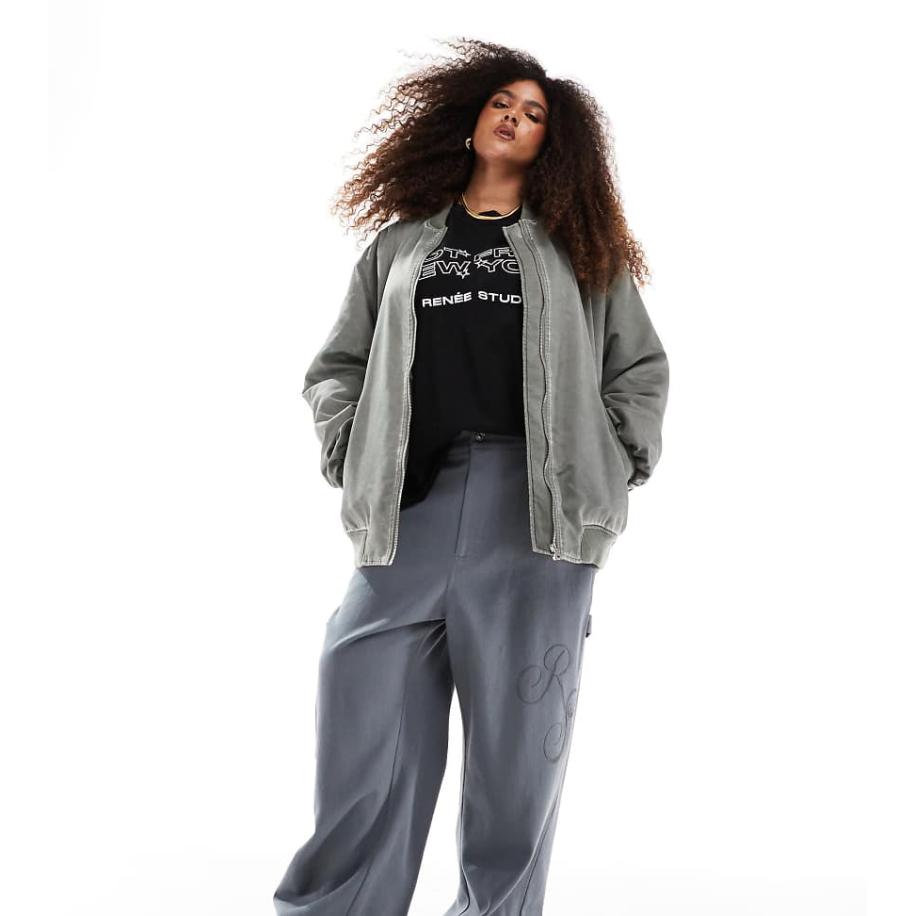 Renee Studio Plus Exclusives Broek met wijde pijpen, hoge taille en geborduurd logo in grijs Grijs