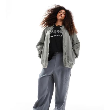 Renee Studio Plus Exclusives Broek met wijde pijpen, hoge taille en geborduurd logo in grijs