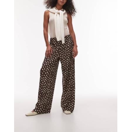 Topshop Broek van plissé met wijde pijpen en stippen in bruin