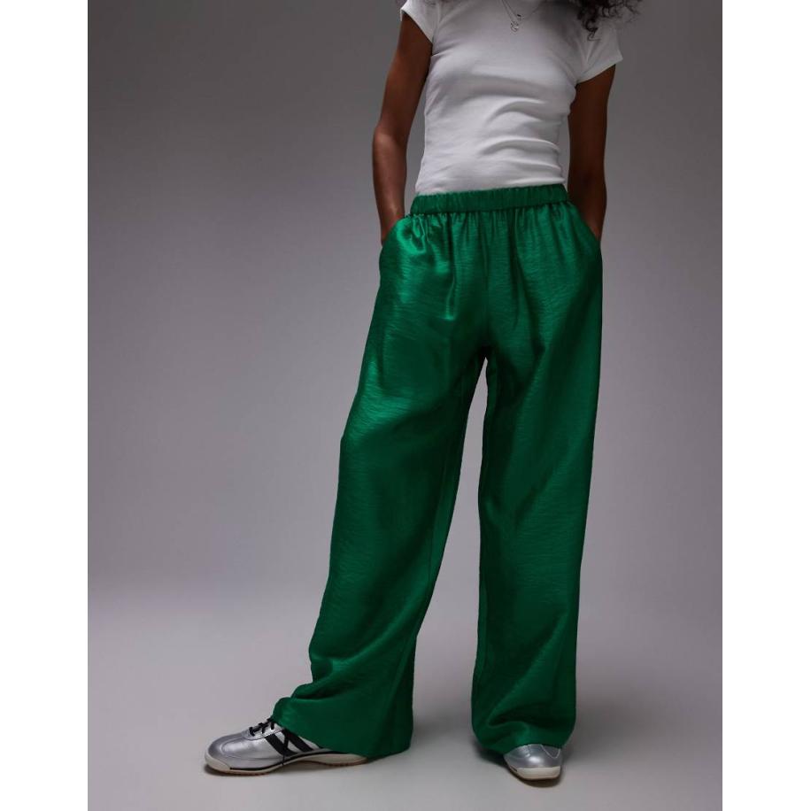 Topshop Broek van satijn met rechte pijpen, textuur en trekkoord in groen Groen