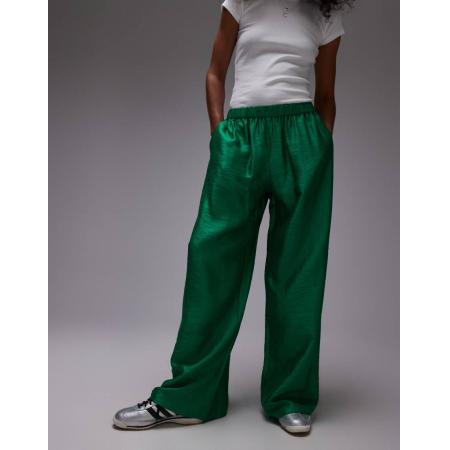 Topshop Broek van satijn met rechte pijpen, textuur en trekkoord in groen