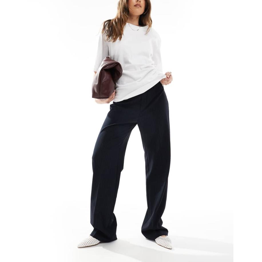 Pull & Bear Elegante broek met hoge taille en rechte pijpen in marineblauw Blauw