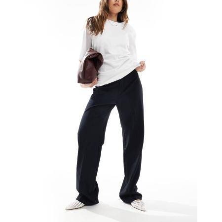 Pull & Bear Elegante broek met hoge taille en rechte pijpen in marineblauw