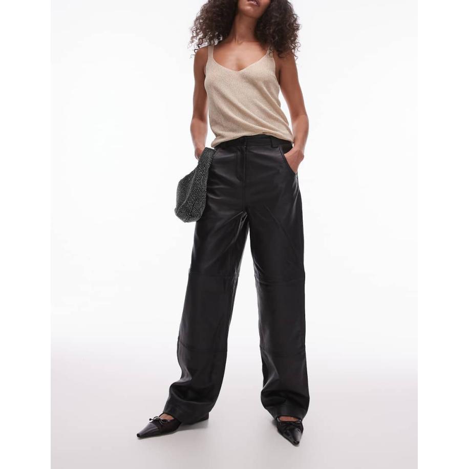 Topshop Broek van echt premium leer met rechte pijpen in zwart Zwart