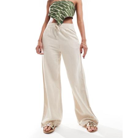 JDY Broek van linnenmix met wijde pijpen in beige, deel van co-ord set-Neutraal