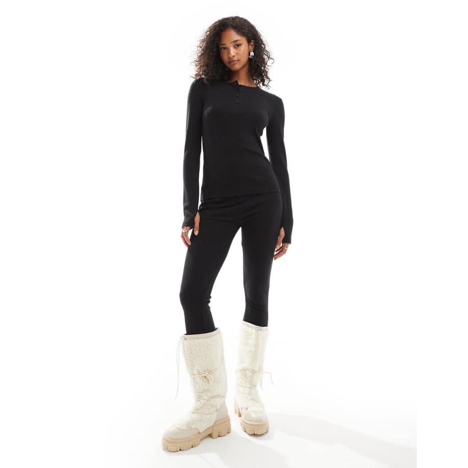 Threadbare Ski Geribbelde thermoset met top en legging in zwart Zwart