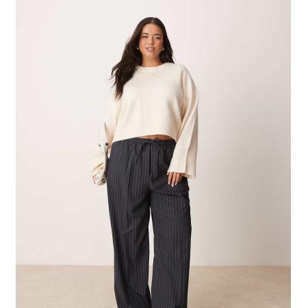 ASOS DESIGN Curve Elegante broek met elastische taille in marineblauw gestreept-Veelkleurig