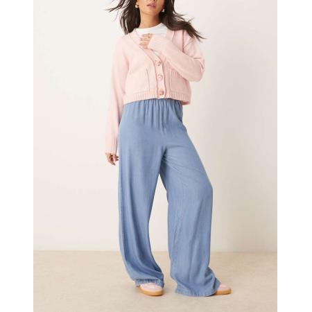 VILA Broek van chambray met wijde pijpen en elastische taille in lichtblauw denim