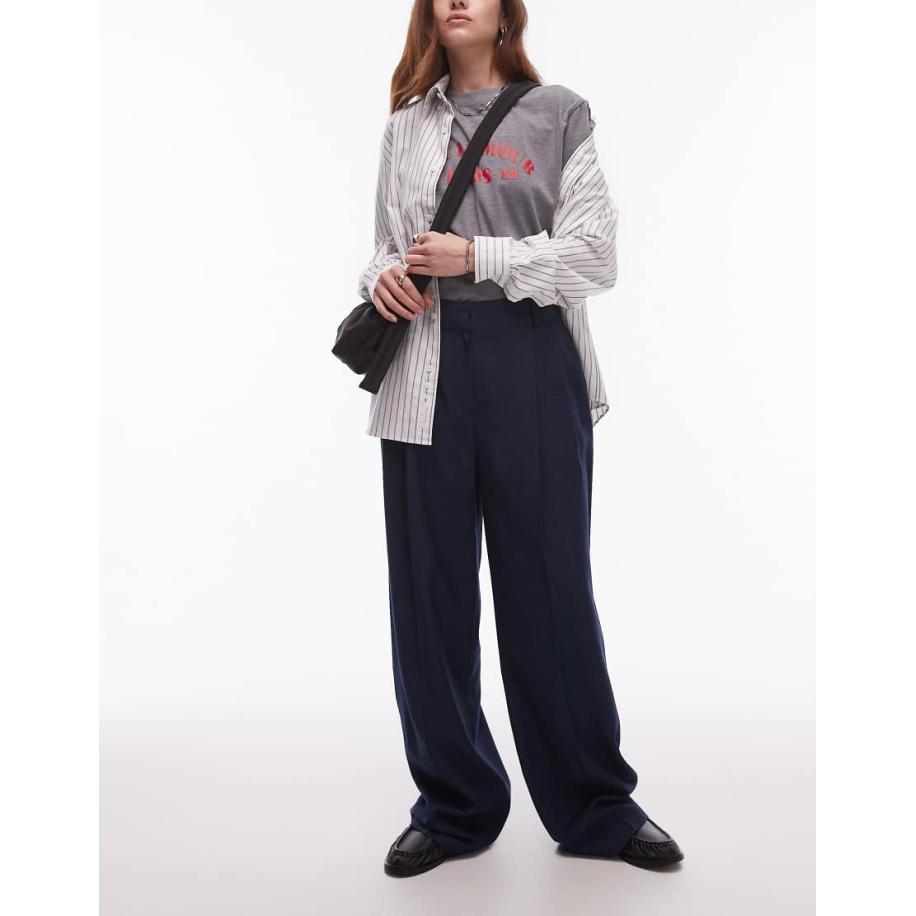 Topshop Geplooide elegante broek met hoge taille en ballonpijpen in marineblauw Blauw