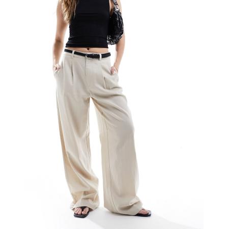 Stradivarius Broek met riem en linnenlook in naturel-Neutraal