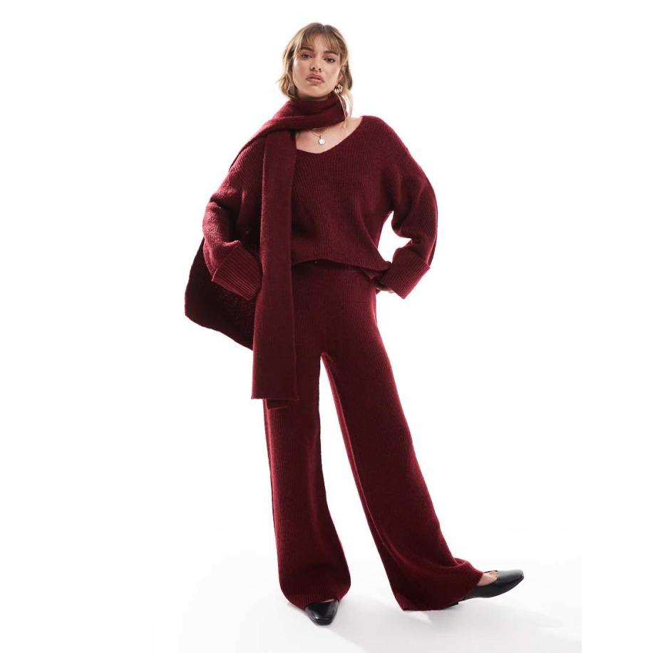 4th & Reckless Gebreide broek met wijde pijpen in bordeauxrood, deel van co-ord set Rood