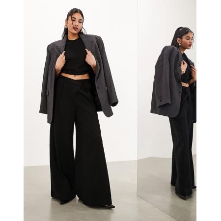 ASOS EDITION Premium Broek van zware jersey met textuur met wijde pijpen en asymmetrische tailleband in zwart