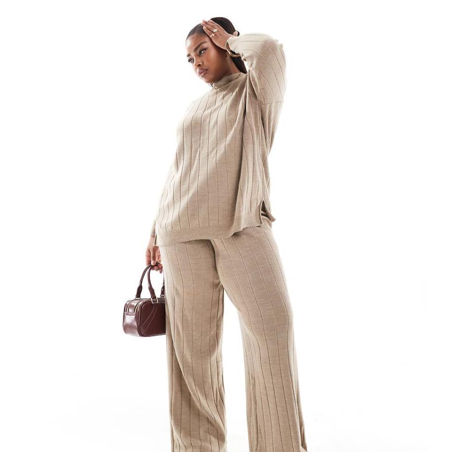 ONLY Curve Gebreide broek met gestrikte taille in zandkleur, deel van co-ord set-Neutraal Multicolor