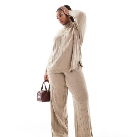 ONLY Curve Gebreide broek met gestrikte taille in zandkleur, deel van co-ord set-Neutraal