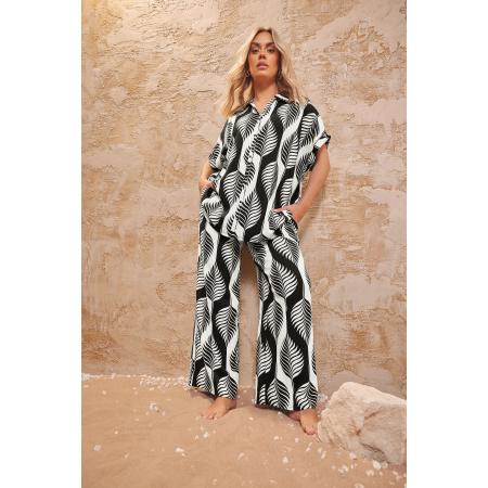 Yours Broek Met Bladerprint Met Textuur En Wijde Pijpen In Zwart/Wit Size 50-52